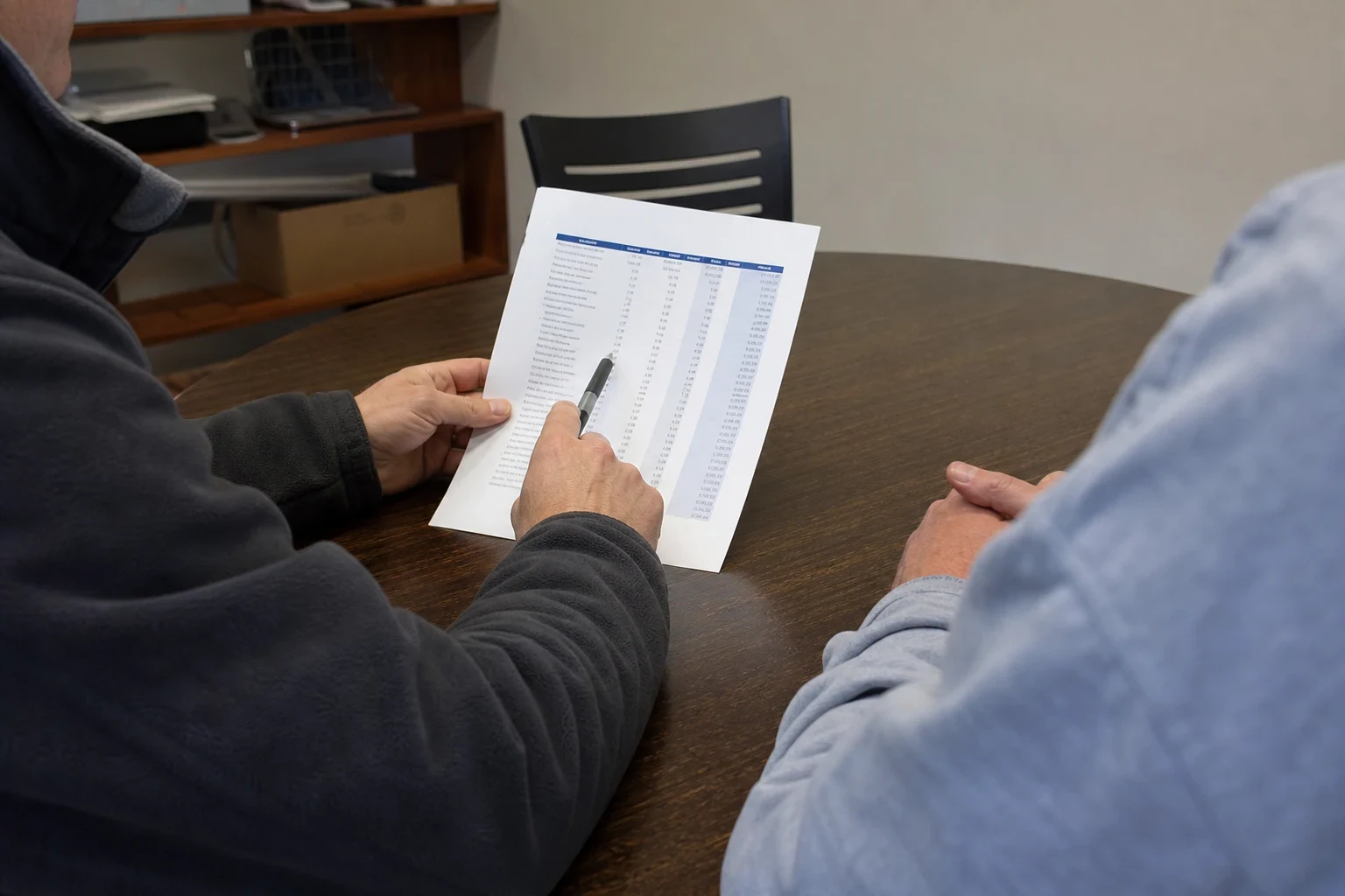 Two people at a round wooden table reviewing a printed table of figures, one pointing with a pen, with a bookshelf and chair in a small office behind