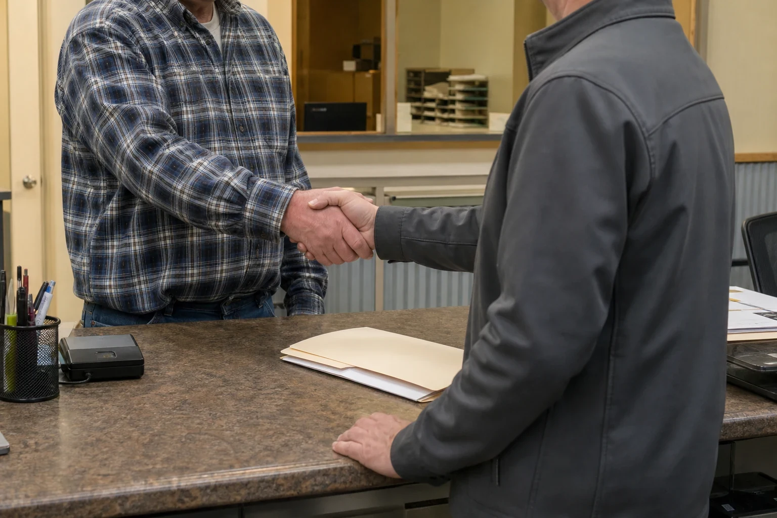 Two men shake hands across a laminate shop counter with a manila folder of papers, a pen cup and a card reader on the counter, office shelves behind.