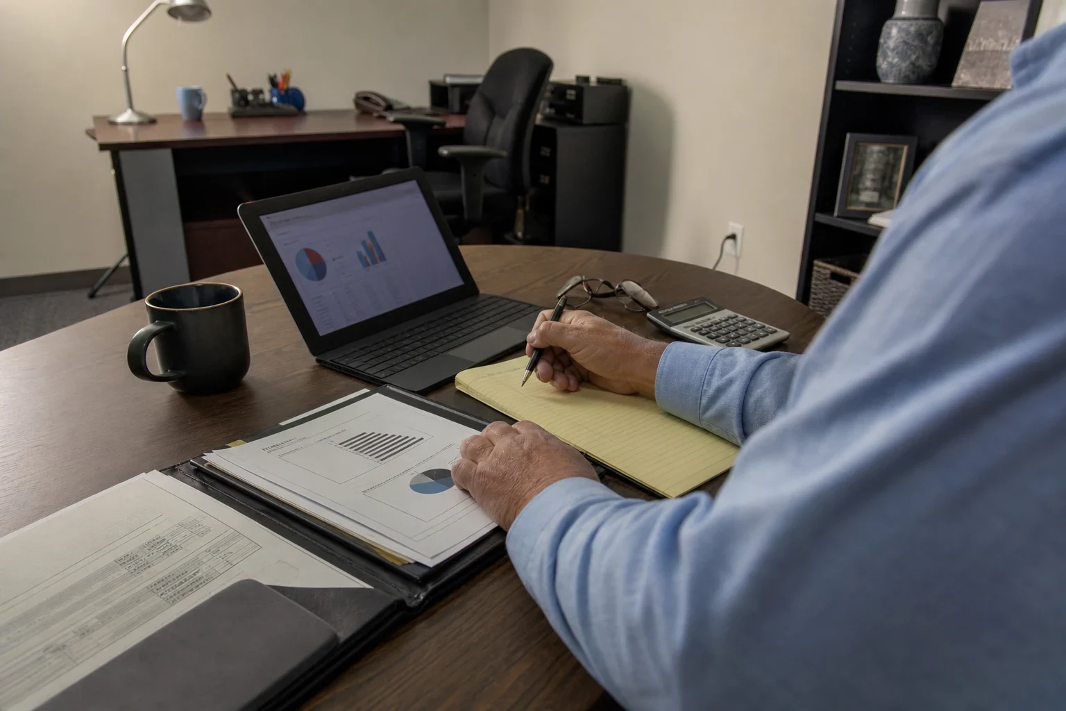 Person in a blue shirt writing on a yellow legal pad beside a laptop showing charts, printed graphs, a calculator and coffee mug on an office table